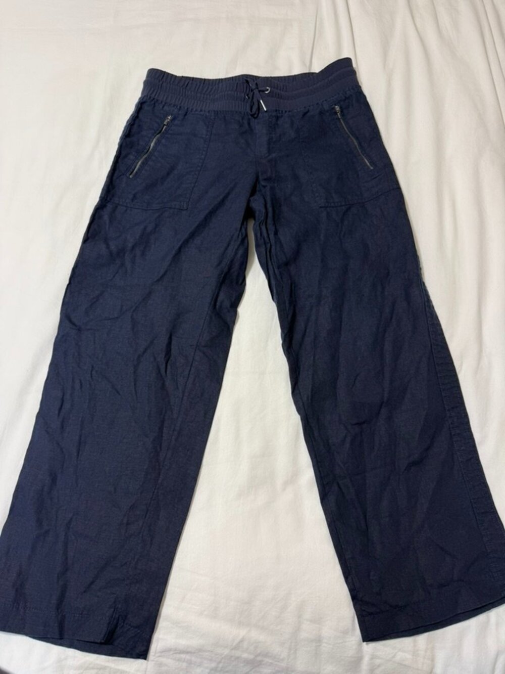 Athleta Cabo Linen Wide Leg Pants Navy Blue 8P Petite Drawstring
